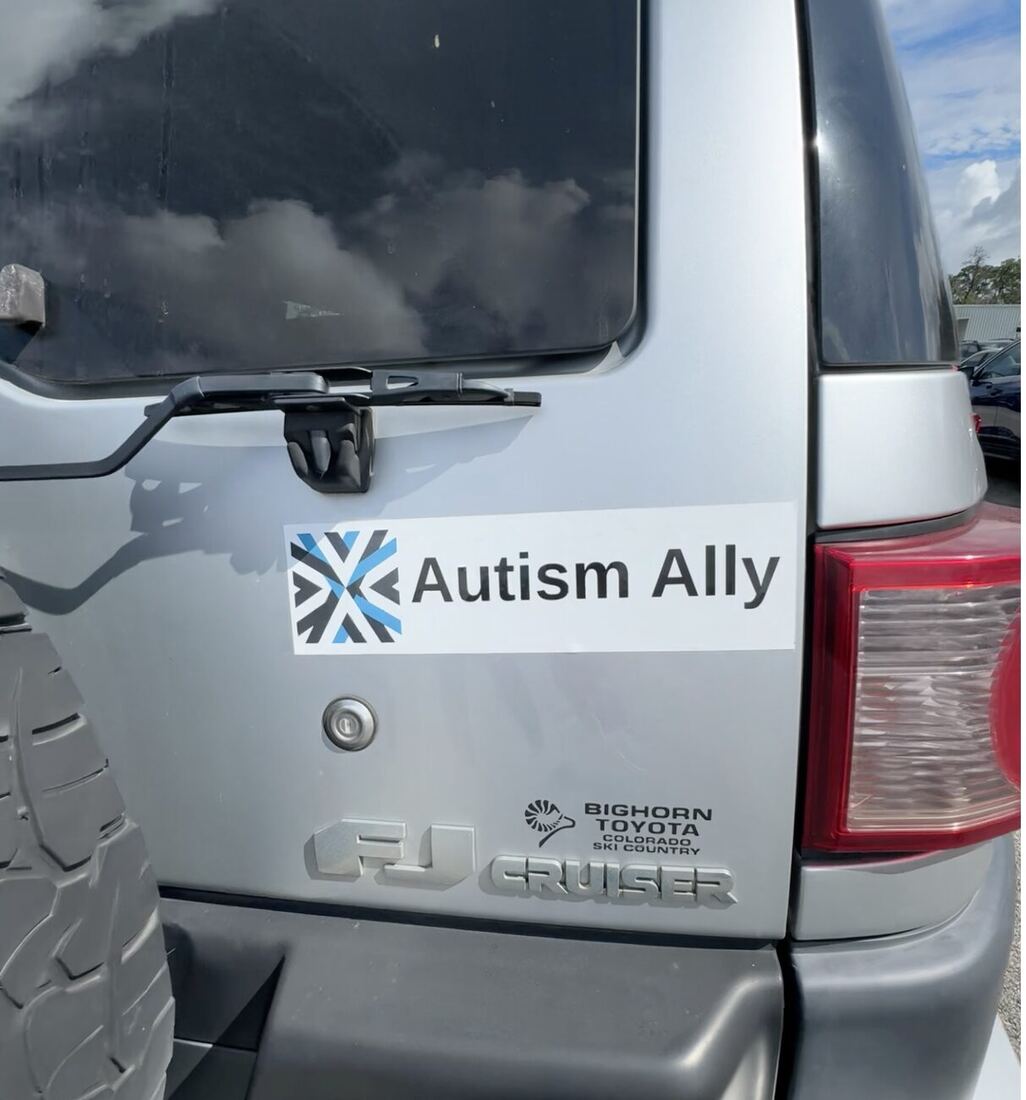The Autism Ally bumper sticker on the back of a car.